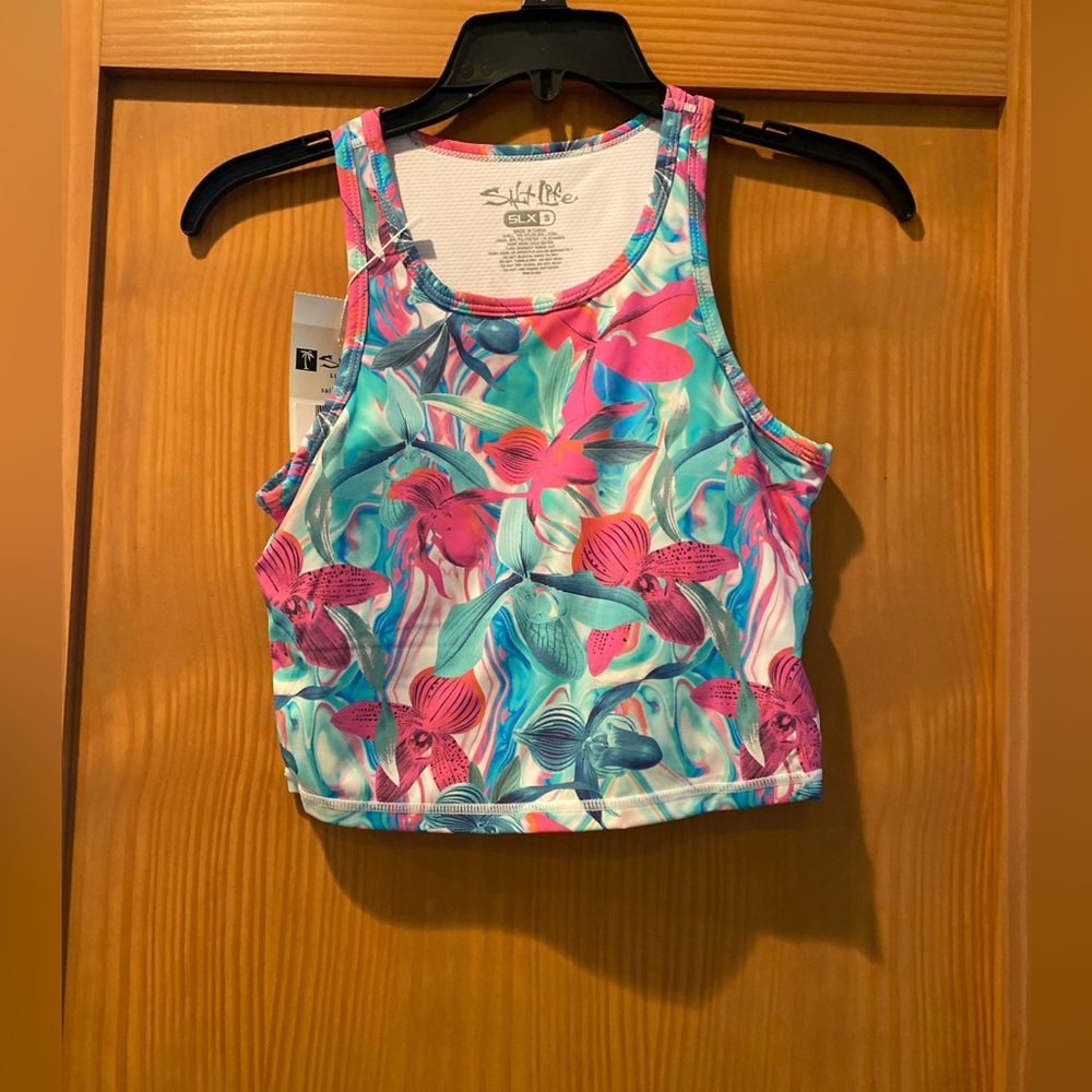 Salt Life Tropical Tankini Swimsuit Top Teal/Pink Razorback SLX UVAPOR NWT  S